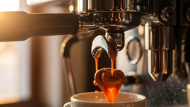 Close-up of Espresso Machine Pouring Coffee into a White Cup.
