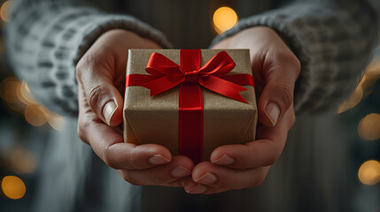 A person's hands delicately holding a wrapped gift box with a red ribbon.
