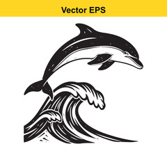 Black and white vector illustration of a dolphin jumping over a stylized ocean wave