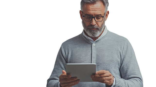 Senior man using tablet in a cozy indoor setting while concentrating on the screen.
