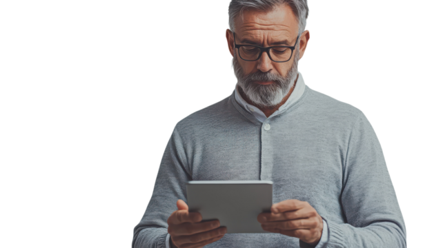 Senior man using tablet in a cozy indoor setting while concentrating on the screen. - Powered by Adobe