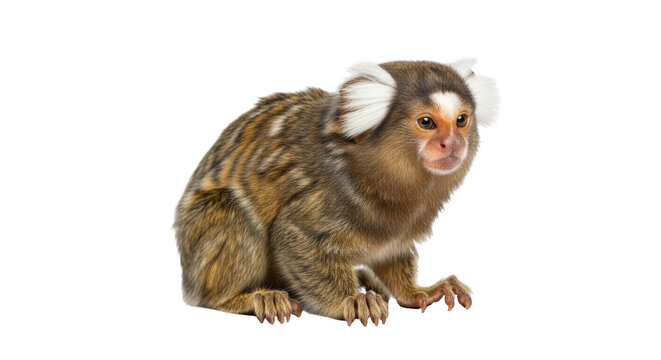 Isolated Pygmy Marmoset a Small Primate with White Ear Tufts Looking Ahead in Studio Shot
