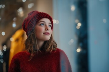 Teenage girl in festive red sweater and beanie standing inside decorated store entrance, looking up at soft fairy lights