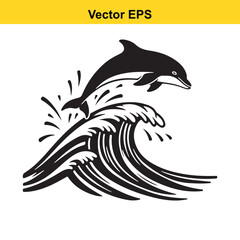 Black and white vector silhouette of a dolphin jumping over a large ocean wave