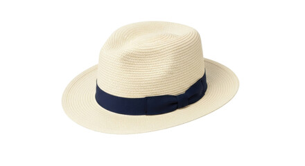 Isolated straw fedora, summer headwear for men or women, navy ribbon hat with brim, cutout