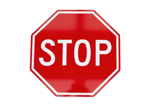 Isolated red stop sign with a white border and white text against a plain background