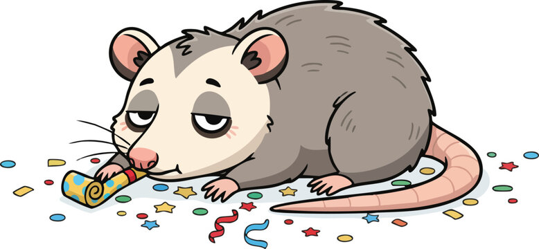 Tired Opossum with Party Blower After Celebration Cartoon