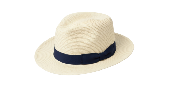 Isolated straw fedora, summer headwear for men or women, navy ribbon hat with brim, cutout