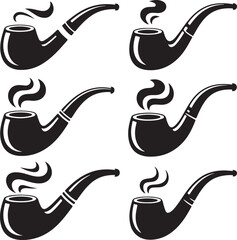 Collection of stylized smoking pipes with smoke on white background
