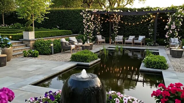 Luxurious Outdoor Living Space With Elegant Garden Furniture And Ambient String Lights On A Patio With Hydrangeas And Roses In Bloom