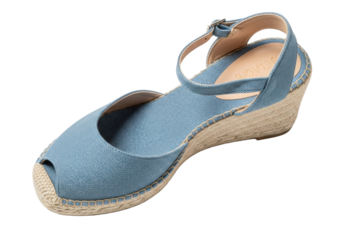 Isolated blue espadrille wedge sandal for women, summer shoe with ankle strap, fashion footwear