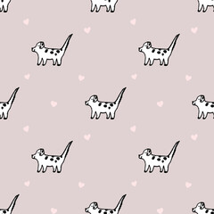 Seamless pattern with lineart dog and red hearts, white background, Valentine day illustration.