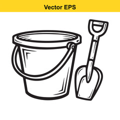 Black and white line art vector illustration of a sand bucket and shovel