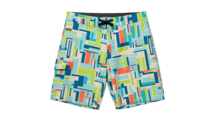 Isolated men's swimming shorts with geometric shapes and elastic waistband, for the beach