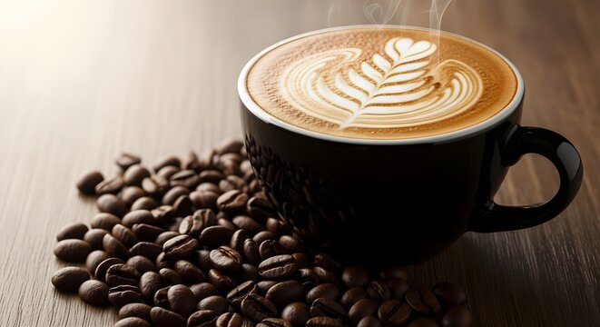 A steaming cup of freshly brewed latte with beautiful foam art, accompanied by roasted coffee beans on a rustic wooden table, perfect for a cozy morning or coffee break - Powered by Adobe