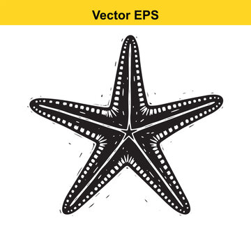 Black and white woodcut style vector illustration of a starfish isolated on white background
