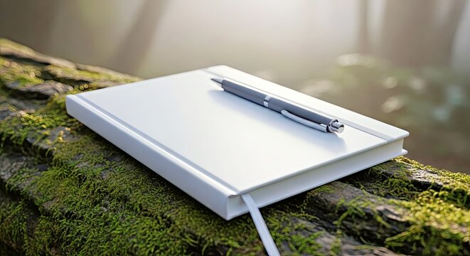 Journal with Pen on Mossy Stone Surface: Nature Study and Note Taking