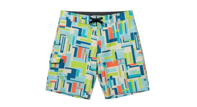 Isolated men's swimming shorts with geometric shapes and elastic waistband, for the beach