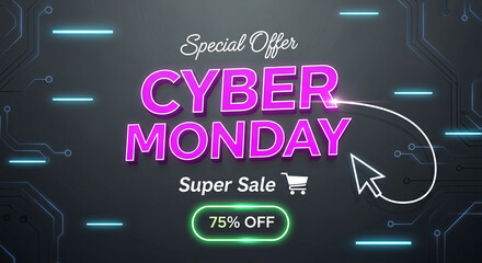 Image with pink, glowing "Cyber Monday" text, a shopping cart icon, and a white arrow cursor, representing a technology themed special offer or sale