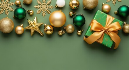 Christmas ornament and gift box border on green