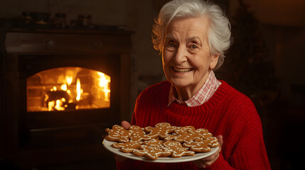 Smiling elderly woman presents a plate of gingerbread men cookies in front of a fireplace.