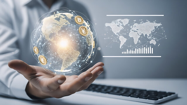Hand holding a digital globe projection with maps and statistical data. Symbolizing global business, network connection, e-commerce, and communication technology. - Powered by Adobe