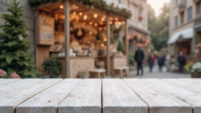 empty white wooden table outdoors with blurred christmas stall background and space for design