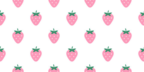 Charming pink strawberry kawaii vector pattern on a white background ideal for textile, wallpaper, or digital design. Repeating fruit motifs create a playful and refreshing aesthetic.