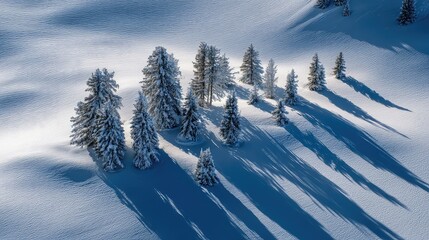 Stunning aerial view of snow covered fir trees creating dramatic shadows on a beautiful winter landscape, perfect for holiday promotions or serene nature themes