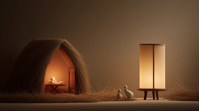 Minimal nativity setup with simple straw, soft lantern light, gentle shadows, and a serene, humble atmosphere emphasizing purity, warmth, and quiet reverence.