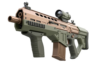 Isolated tactical bullpup rifle, high-tech military assault weapon for defense, safety and security
