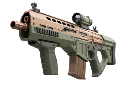 Isolated tactical bullpup rifle, high-tech military assault weapon for defense, safety and security