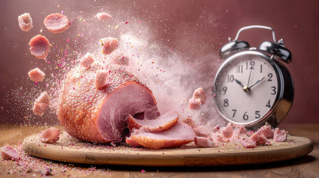 Holiday Ham Transformed Into Cuckoo Clock Exploding Confetti And Sprinkles With Retro Alarm Clock In Background A Whimsical Food Art Concept With A Festive And Surreal Atmosphere