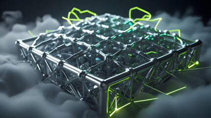 Futuristic metallic grid structure with glowing green energy in a smoky environment