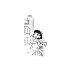 Children holding gift boxes vector drawing black and white
