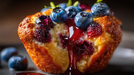 Delicious Muffin with Melting Berry Filling and Fresh Blueberries on a Dark Background