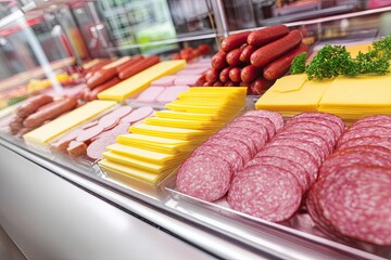 Assortment of fresh sliced meat and cheese in a refrigerated display case at a deli counter. Variety of charcuterie for snack and gastronomy concept.