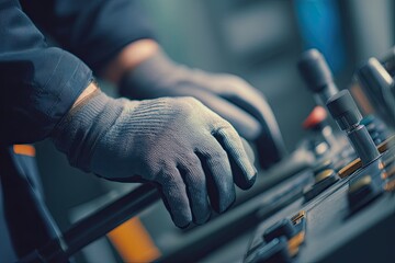 Worker hands in protective gloves using control panel levers on industrial machine. Manufacturing process and heavy industry automation.