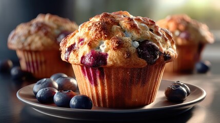 Freshly Baked Blueberry Muffin on Plate Surrounded by Juicy Blueberries in Soft Natural Light