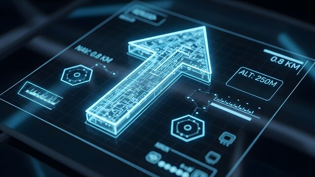 Futuristic digital interface displaying an upward arrow for growth and progress