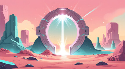 Futuristic portal in a vibrant pixel art desert landscape with glowing light