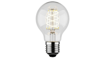 Isolated Edison-style LED light bulb with filament visible inside the clear glass shell