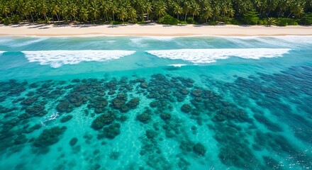Aerial view of tropical beach with turquoise water and coral reefs.