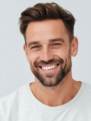Obraz premium Portrait of an adult caucasian man with a beard smiling against a light background. Happy male showcasing positive emotion and vitality.
