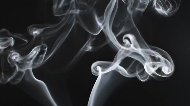 Ethereal white smoke swirling gracefully against a stark black background, creating abstract artistic patterns