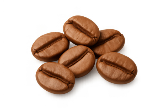Group of high-quality brown roasted coffee beans, a key ingredient for brewing espresso or other coffee beverages. Transparent background