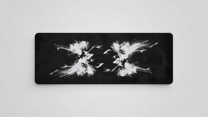 Abstract black rectangle featuring symmetrical white bursts resembling wings or explosions, creating a dynamic and impactful design.