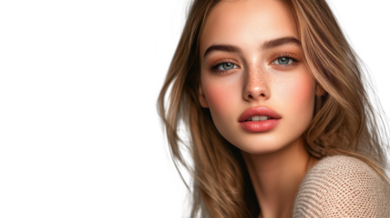 Portrait of a young woman with natural beauty and soft makeup, showcasing radiant skin and expressive eyes.