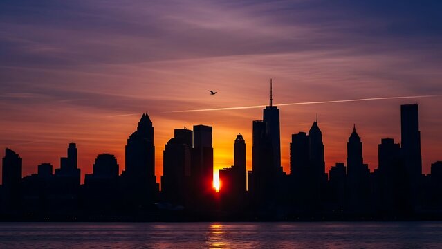 Dramatic cityscape silhouette against a vibrant sunset sky. - Powered by Adobe