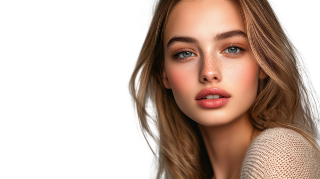 Portrait of a young woman with natural beauty and soft makeup, showcasing radiant skin and expressive eyes.